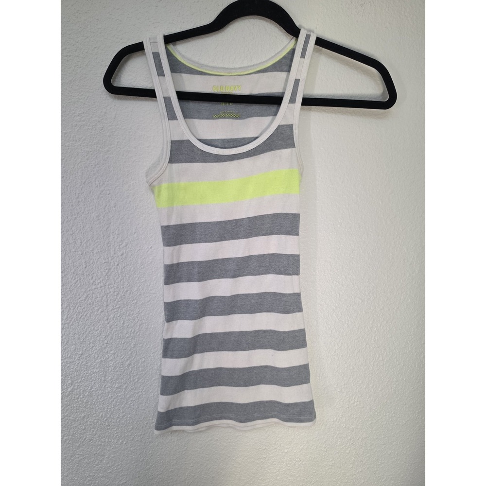 Old Navy Women XS Striped Tank Top Sleeveless Grey White Neon Yellow Casual